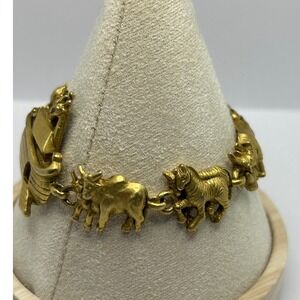 Vtg AJC Noahs Ark Animal Link Bracelet Gold Tone Biblical Easter 3D Figural 6.5"